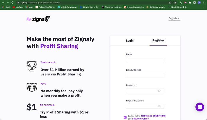 Pagina di registrazione della piattaforma (Zignaly)